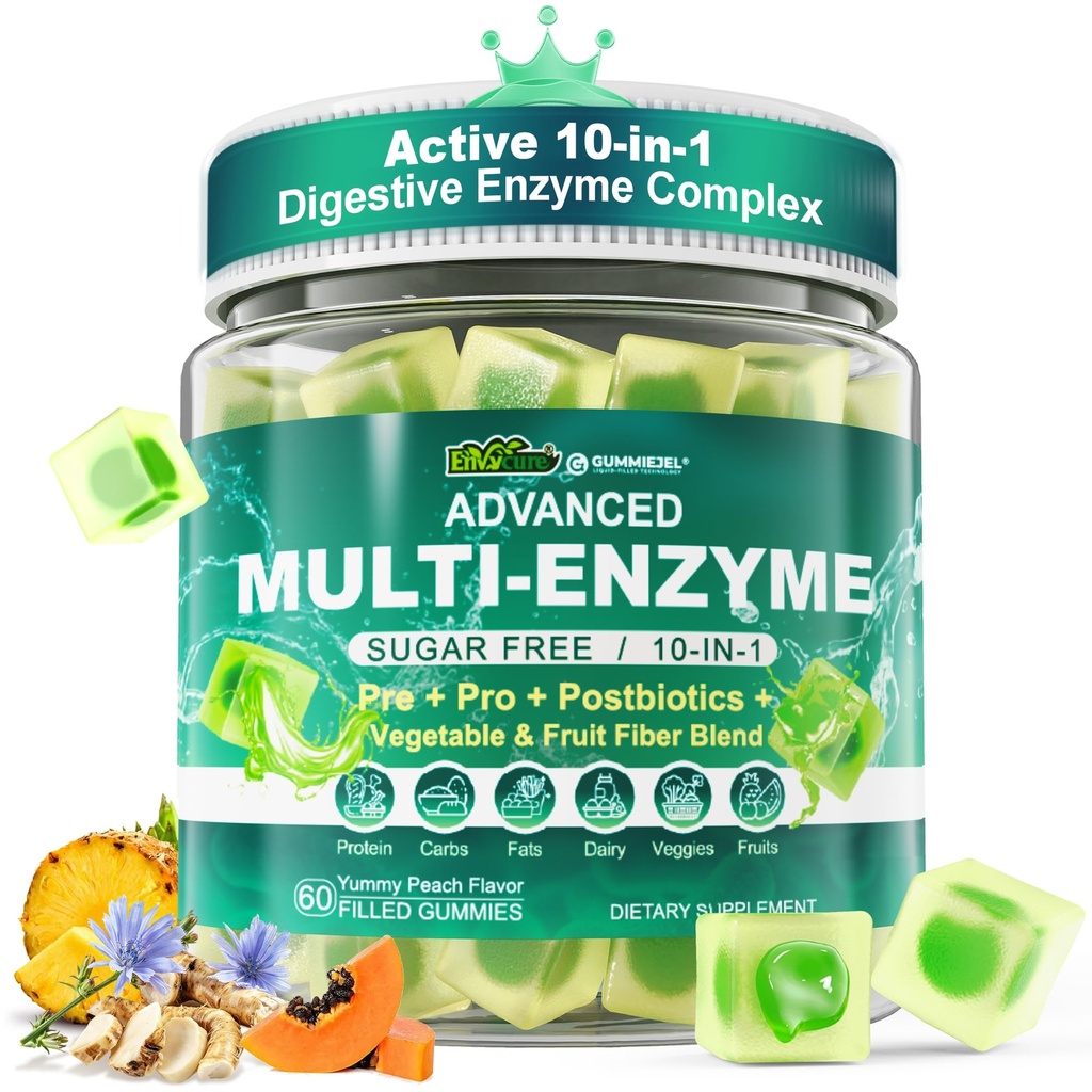 Enzimas Digestivas Gummies para Mulheres e Homens, Multi-Enzimas com 90 bilhões de UFC Probióticos e Prebióticos & Pósbióticos, Mistura de Fibra de Vegetais & Frutos, Super Enzimas para Digestivo & Gut Saúde, Immune, 60Cts