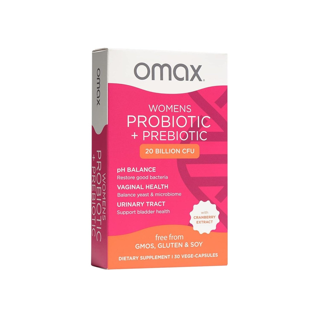 Omax Saúde Prebióticos e Probióticos Complexo para Mulheres, pH Equilíbrio, Vag Saúde, Trato urinário, Levedura & BV Prevenção, Lactobacillus & Bifidobacterium Vegan, Orgânico, Glúten Livre □ 30 Vege-cápsulas