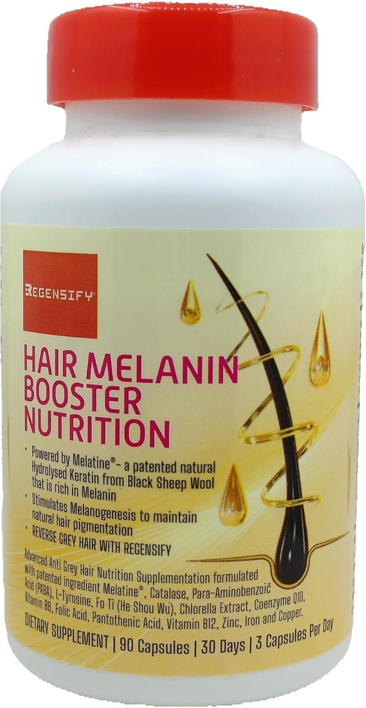 REGENSIFY cabelo melanina reforço nutrição [Suplemento cabelo cinza Anti para homens e mulheres, Melatine®, catalase, PABA, L-Tirosina, He Shou Wu, extrato de chlorela, CoQ10, ácido fólico, ácido pantotênico]