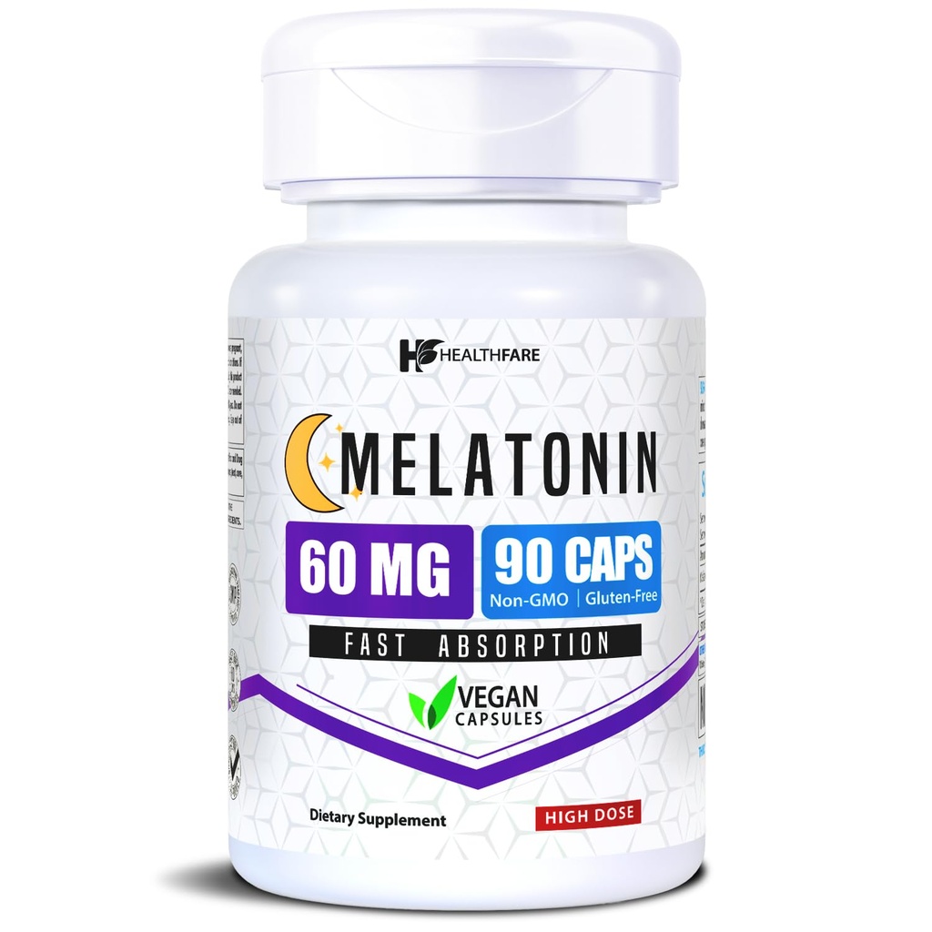 Healthfare Melatonin 60mg Cápsulas de 90 Veg . Fórmula de alta resistência .