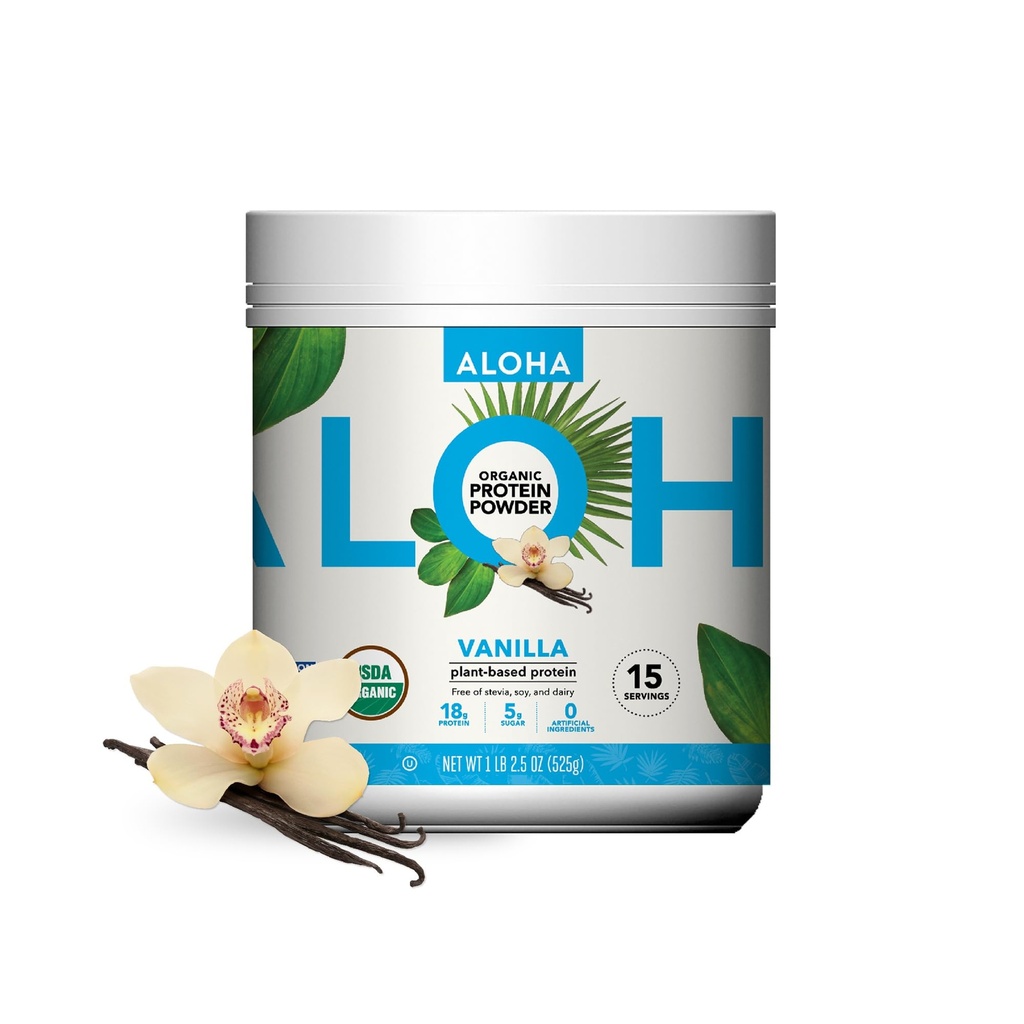 ALOHA Organic Plant Based Protein Powder, Stevia Free, Vanilla, 19.6 oz, 15 ACONDICIONAMENTO DE SERVIÇOS MAY VARY