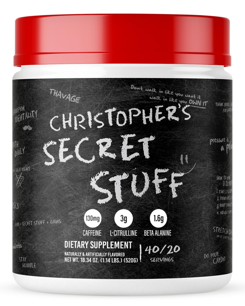 RAW Christopher's Secret Material Pré Treino Pó, Thavage (gostos como ganhar) - Chris Bumstead CBUM Preworkout Suplemento para homens e mulheres - Trabalhando, Hidratação e Energia - 40 Servings