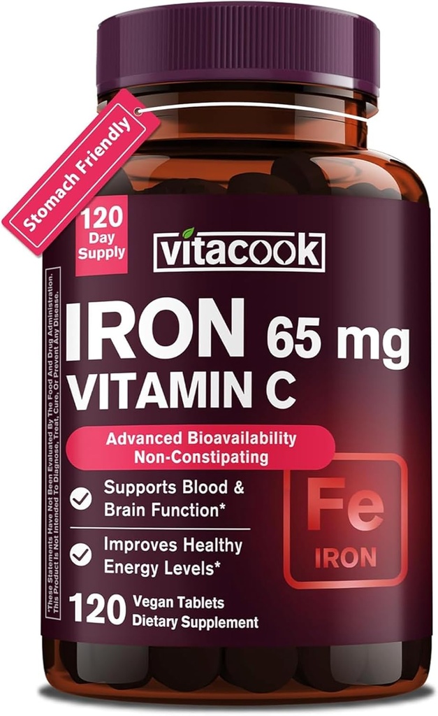 Suplemento de ferro para homens mulheres, ferro de alta potência 65mg com vitamina C 250mg, pílulas de ferro amigável estômago para células de sangue vermelho e apoio imunológico, Não-GMO e glúten livre, 120 comprimidos Vegan