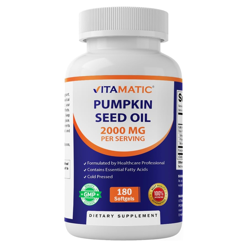 Vitamatic Pumpkin Seed Oil 2000mg Softgel Cápsulas por serviço - 180 Softgels - 1000mg por softgel