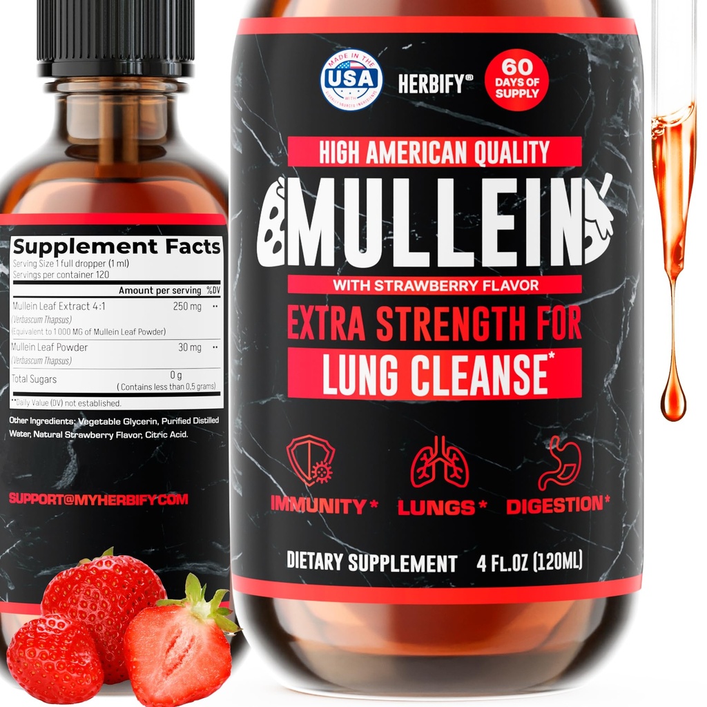 HERBIFY Mullein Drops - Lung Cleanse - Extrato de Folha - Mullein poderoso para suporte imunológico, detox e suporte respiratório - Made in USA - 4 Oz Strawberry Flavor