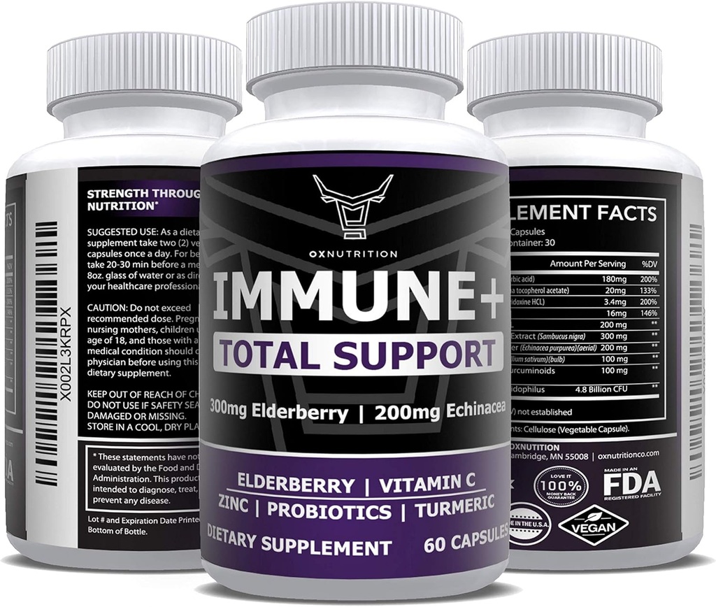 Nutrição OX 10 em 1 Elderberry, Vitamina C, Zinco, Vitamina E, Vitamina B6, Echinacea, Alho, Alho, Alcaçuz, L-Glutamina HCL & Lactobacillus Probióticos & Antioxidantes para a defesa imunitária 1 mês de fornecimento