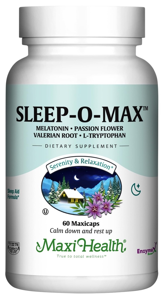 Maxi Saúde Adultos Herbal Sleep-O-Max com Valerian Root, Melatonina, Tryptophan, Passionflower - Suplemento Natural do Sono - Fórmula calma do apoio do sono