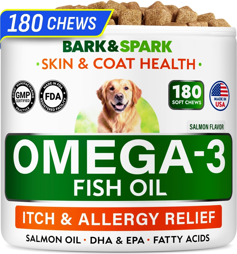 BARK & SPARK Omega 3 para cães - 180 Fish Oil Treats para Dog Shedding, Alergia da pele, Itch Relief, Hot Spots Tratamento - Saúde comum - Pele e casaco Suplemento - EPA & DHA ácidos gordos - óleo de salmão