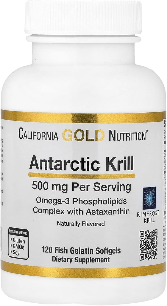 California Gold Nutrition Antártico Krill Oil, ultra-alto Omega-3 com astaxantina, morango natural e limão sabor, não OGM, sem glúten, 500 mg, 120 Gelatina de peixe Softgels, 2 Pack