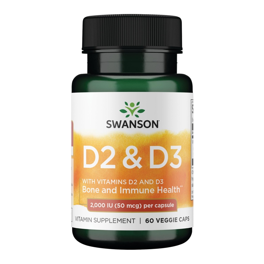 Complexo de Vitamina D Swanson com Vitaminas D2 & D3 - Complexo de Vitamina Sunshine completo para Saúde Óssea, Dental e Imune - Suplemento de Vitamina (50 mcg, 60 Cápsulas Veggie)