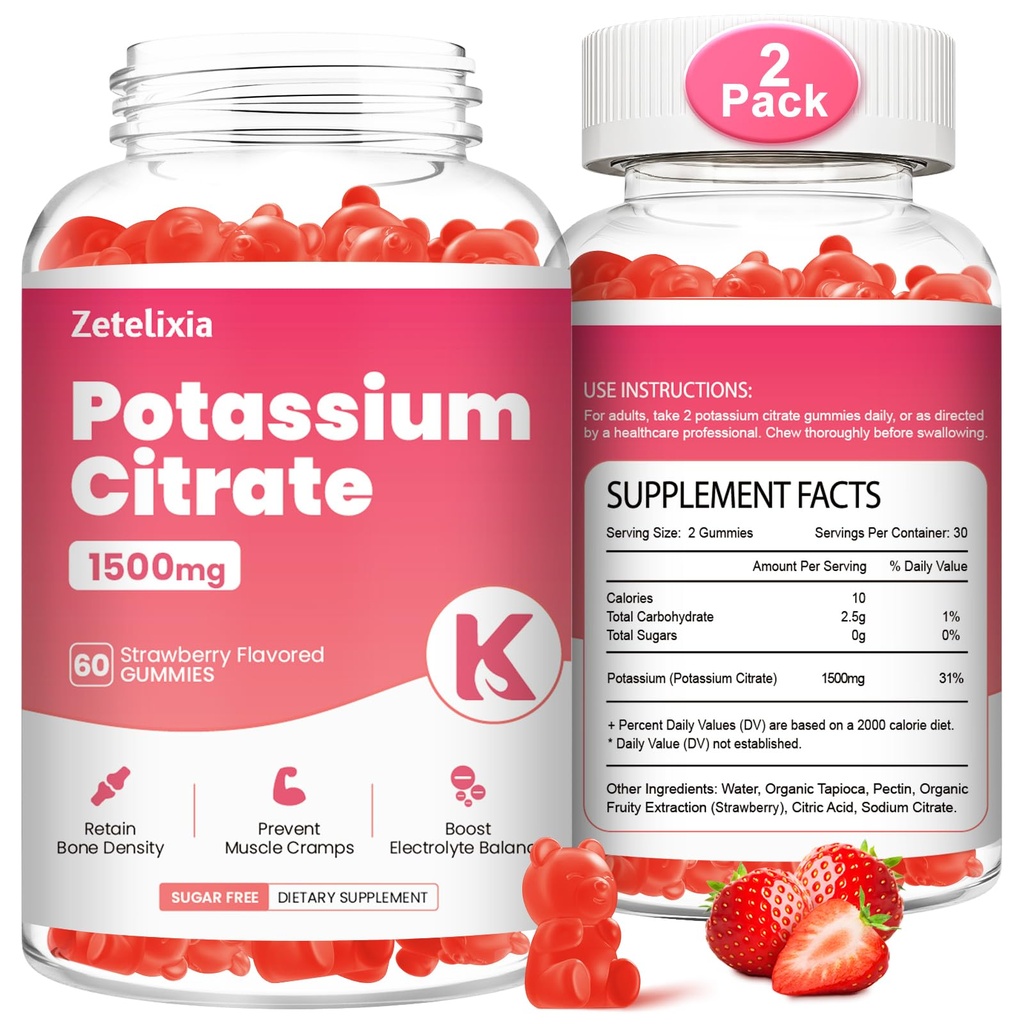 2 Pacote pastilhas de potássio para adultos Mulheres e homens, Suplemento de citrato de potássio, Cãis de apoio perna, Saúde muscular e equilíbrio eletrolítico, Açúcar livre, Orgânico, Vegan, Morangueiro, 120 Cts