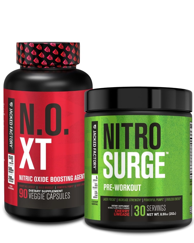 Pilha pré-treino de fábrica Jacked - N.O XT Nitric Oxide Booster & NITROSURGE alta energia pré-treino combustível