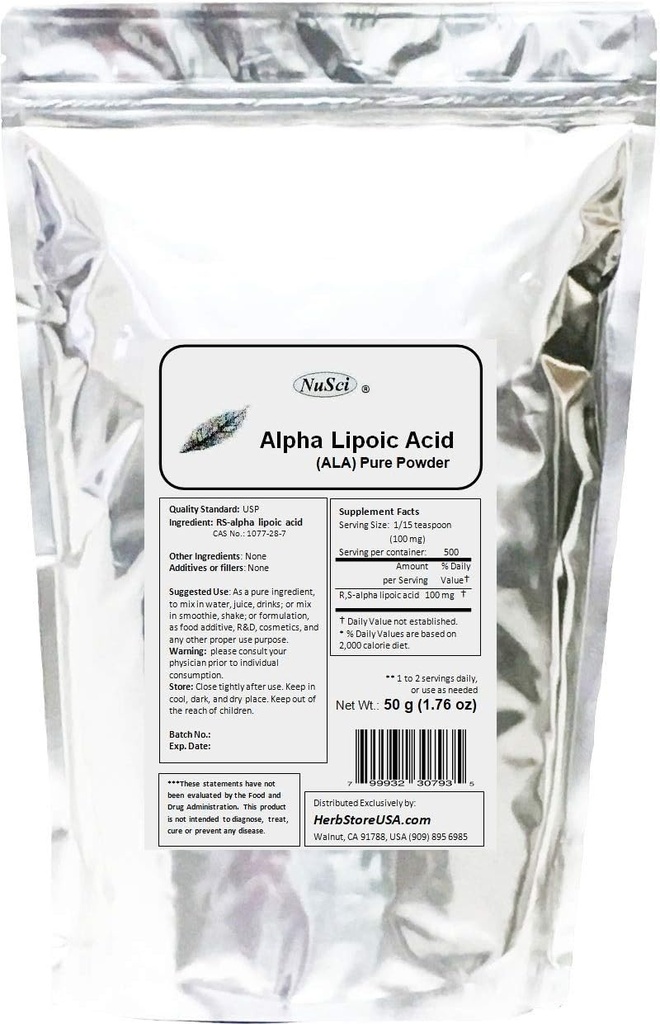 Pó puro de ácido lipóico ALA RS- Alfa (50 gramas (1,76 onças))