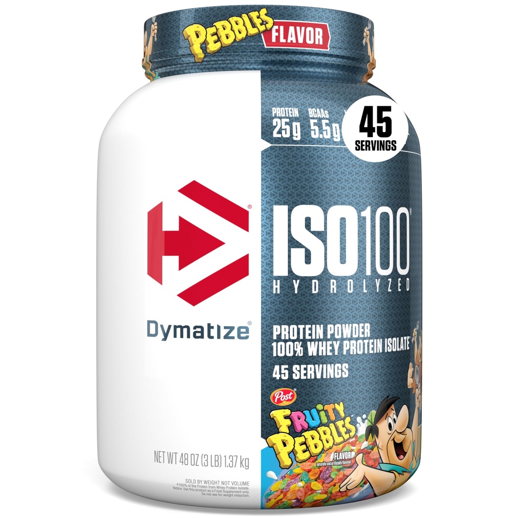 Dymatize x Fruity Pebbles ISO100 Whey Protein Powder Isolate, 25g de proteína, 5,5g BCAAs, 120 Cal., Gluten Free, 1g de gordura, 1g de açúcar, 2g de carboidratos (45 Servões)