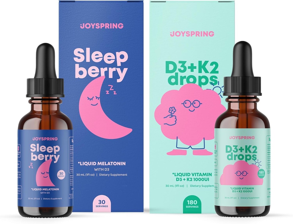 JoySpring Vitamina D3 K2 para crianças pode apoiar saudável sistema imunológico Vitamina D para crianças e melatonina líquida para crianças suporte ao sono