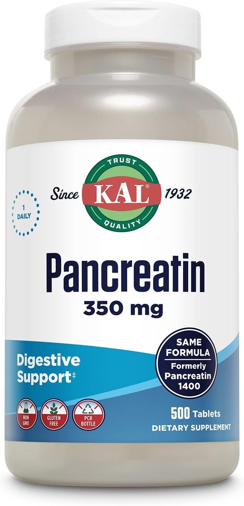 KAL Pancreatina 350mg, Enzimas Digestivas para Mulheres e Homens, Enzimas Pancreáticas para Apoio à Saúde Digestiva, Glúten Livre, Não-GMO, Desintegração Rápida, 60-Dia de Garantia, 500 Servimentos, 500 Comprimidos