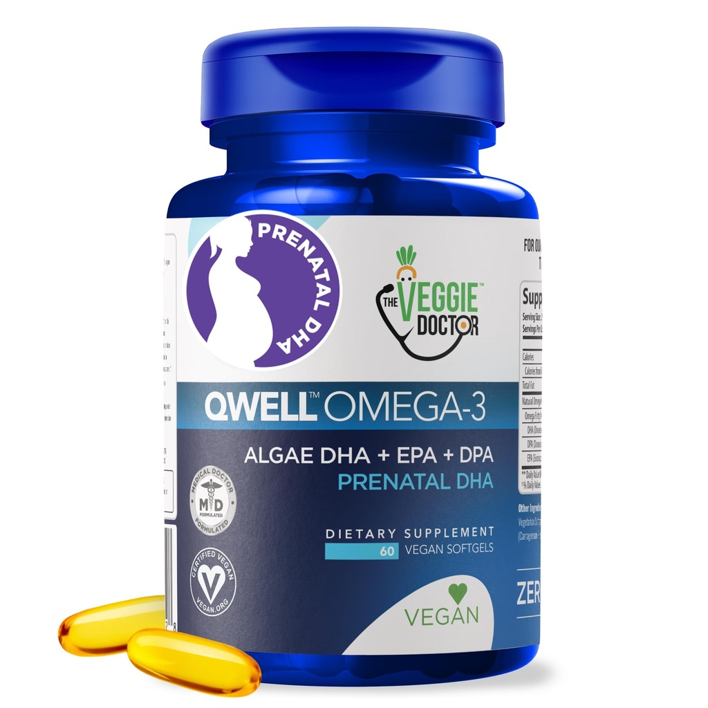 Vitaminas pré-natais Vegan com DHA (60 Conde) Omega-3 - Qwell melhor do que óleo de peixe, Função cerebral - 820 Mg Algae DHA & EPA, Vitaminas pré-natais Vegan com vitamina E, Carrageenan-livre