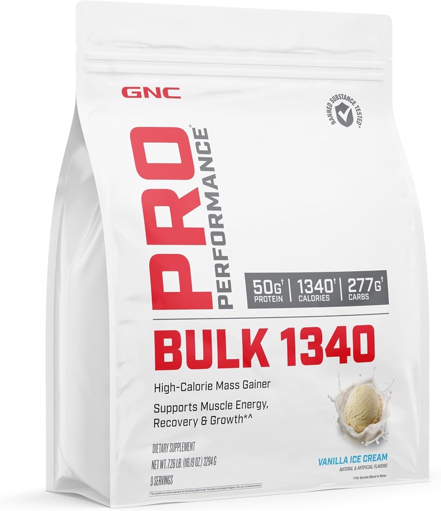 GNC Pro Desempenho Bulk 1340 massa Gainer Protein Powder, 50g, Gluten Free, Whey, Creatine, BCAA, 3o partido testado, Recuperação muscular e crescimento, Micronutrientes, Baunilha Sorvete, 9 Servings
