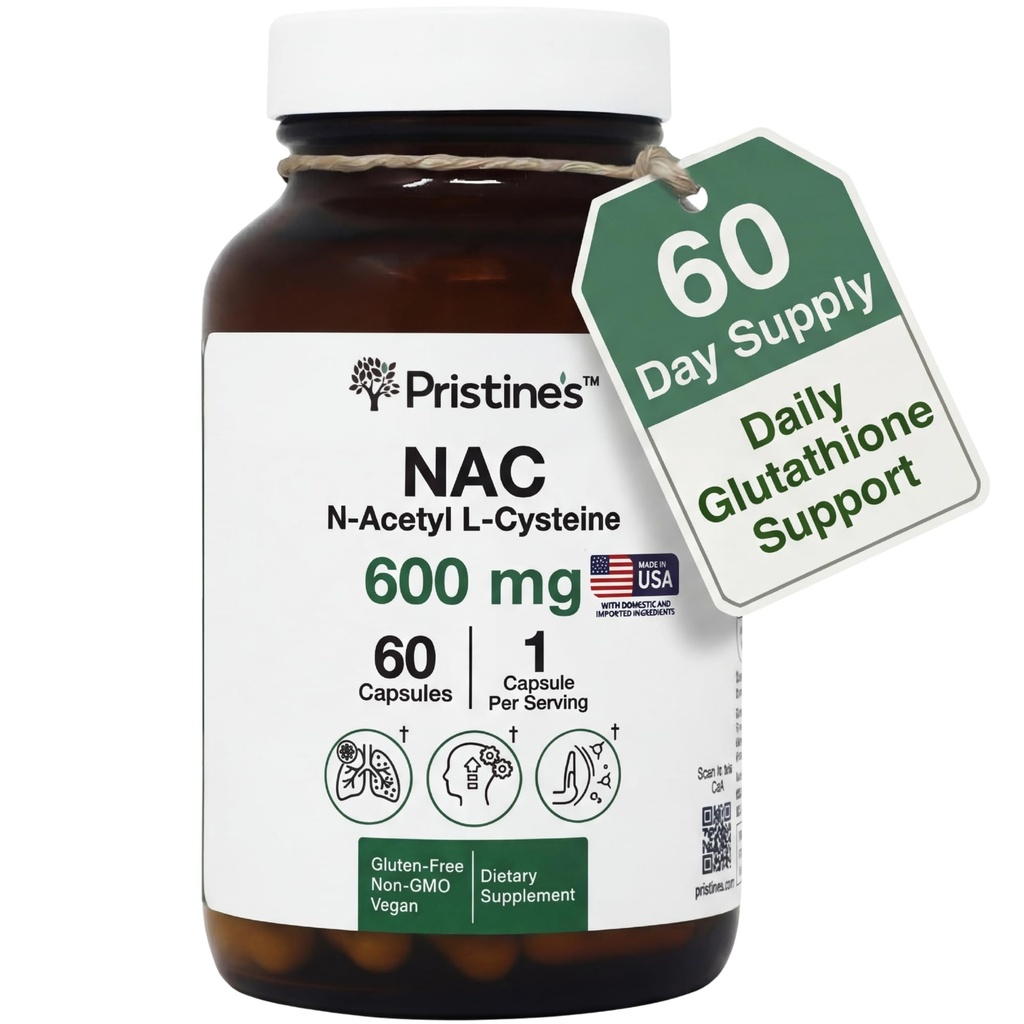 PRISTINE'S N-Acetil L-Cysteine (NAC) 600MG 60 dias Suplemento Cápsulas - Glutationa & Fígado Detox Suporte - Potent Antioxidant - Vegan, Gluten Free, Garrafa de vidro não OGM