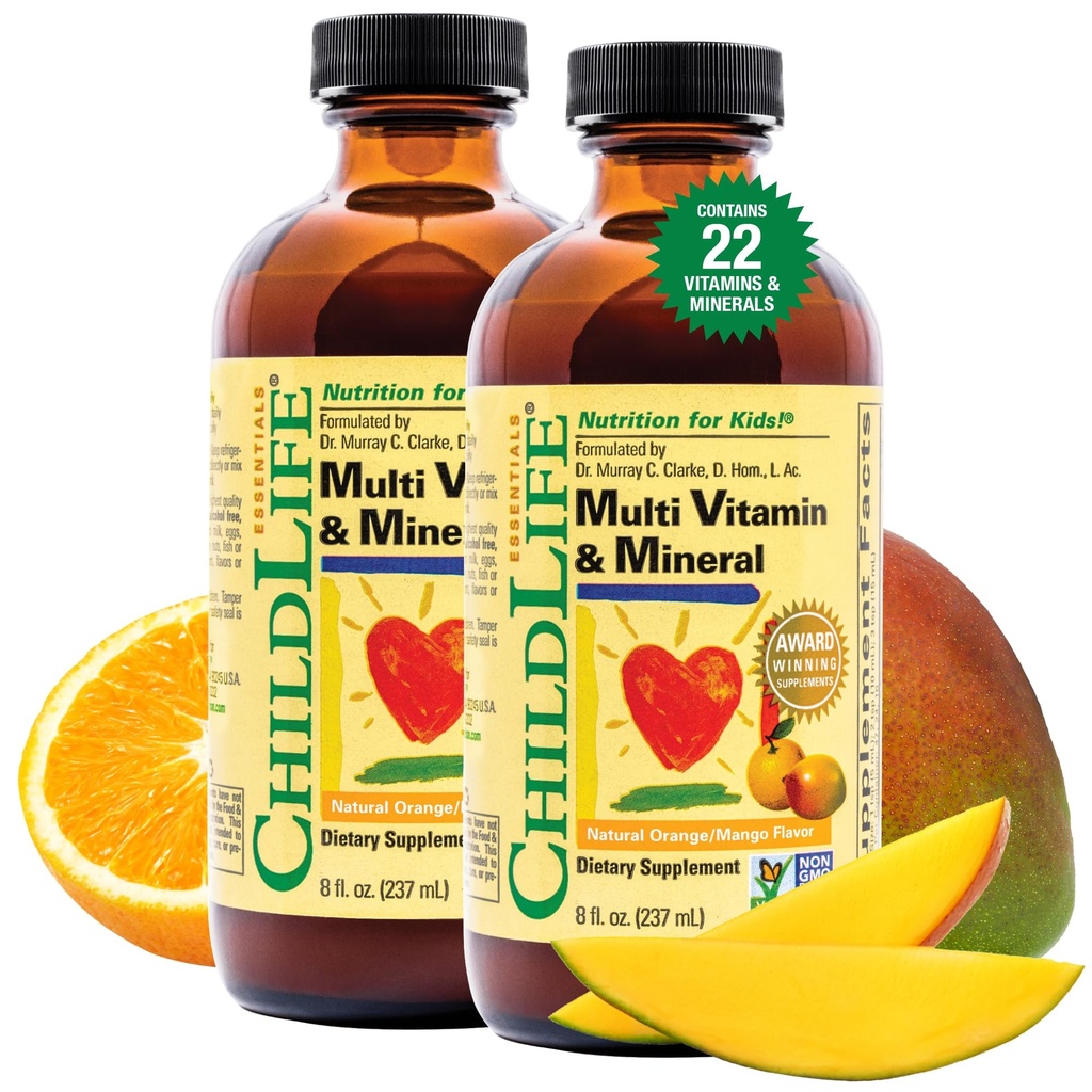 FILHOS ESSENCIAIS Crianças Multivitamin & Mineral - Crianças Vitaminas, Multivitamino Líquido para Crianças, Multivitamino Toddler, Vitaminas Líquidas, Multivitamin Bebê - Laranja Natural & Mango, 8 Fl Oz (Pacote de 2)