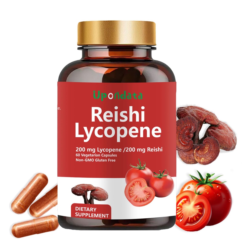 Cápsulas de Licopeno - Suplemento de Licopeno 200mg com Cogumelo Reishi 200mg, Cápsulas de Cogumelo de Extrato de Tomate Natural para Suporte Imune - Sem Glúten, Não-GMO