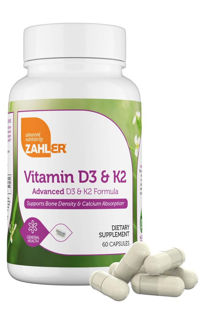Zahler Vitamina D3 5000 UI K2 - Fórmula avançada de vitamina D3 K2 - Densidade óssea e absorção de cálcio - Kosher Vegetarian MK7 Vitamina K2 D3 Suplemento de vitamina - VIT D3 K2, Vitamina D K2 (60 cápsulas)