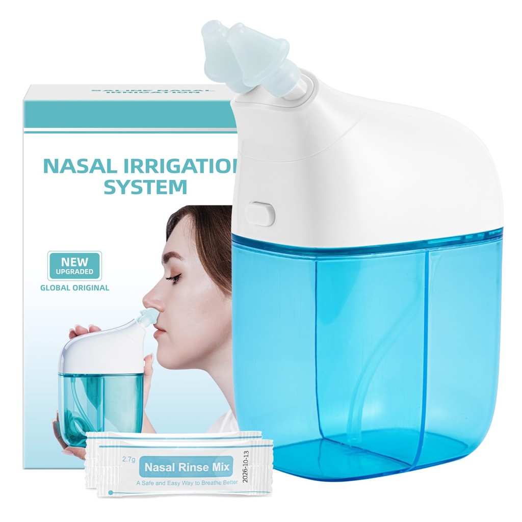Sistema de irrigação nasal com 30 pacotes salinos, máquina de lavagem sinusal, máquina limpador de nariz com tanque de água e tanque de coleta de resíduos - Azul