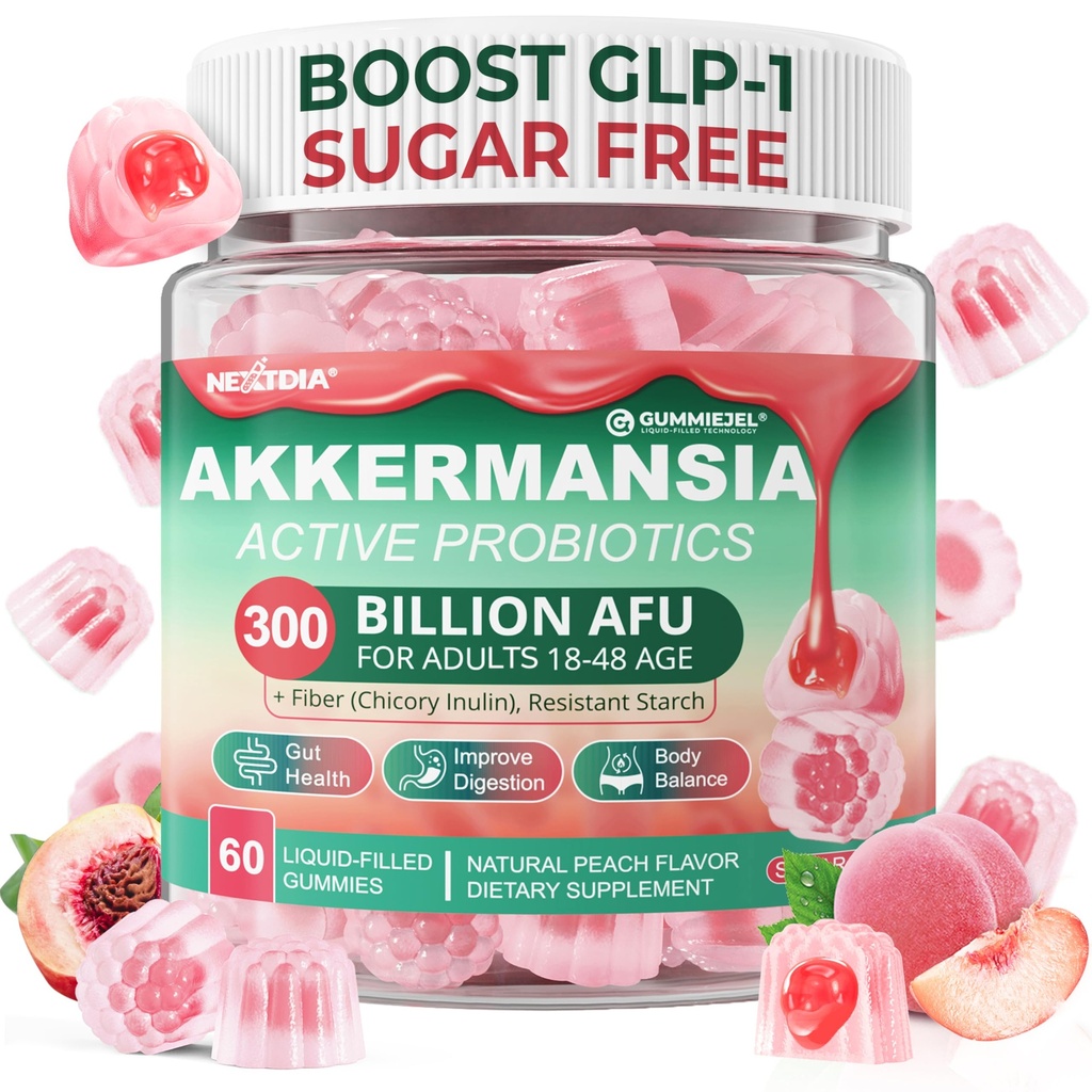Akkermansia Gummies Probióticos com Prebióticos Fibra, 300 Bilhões AFU Akkermansia Muciniphila, com Frutas de Polifenol, Amido resistente, Vitamina A D3 B2 para Metabolismo, Digestivo & Gut Saúde, 1Pack