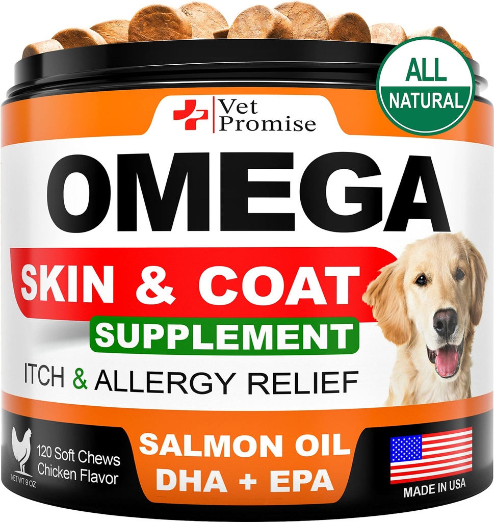 Omega 3 para cães - Pele e casaco Suplemento - Óleo de peixe para mastigar cães - Alergia e Itch Relief - Suplemento Anti Shedding - Tratamento de pele seca - Óleo de salmão - Made in USA - 120 Doces Macio