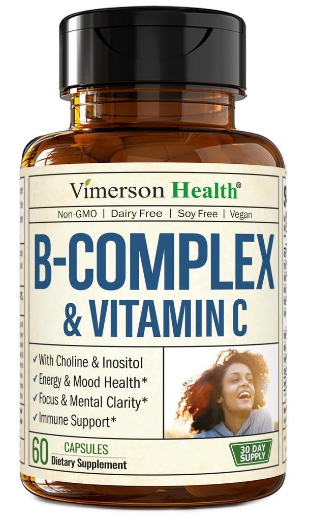 Vitamina B Complexo com VIT C & Ácido Fólico (Folato) - 8 Vitaminas B de alta potência: B1, B2, B3, B5, B6, B7, Vitamina B12 + Biotina, Colina e Inositol. Ajudas humor, energia, sistema nervoso e suporte imunológico
