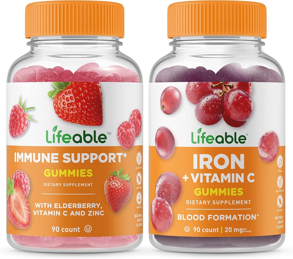 Suporte Imune Lifeable + Ferro com Vitamina C, Gummies Bundle - Grande Degustação, Suplemento Vitamina, Sem Glúten, GMO Livre, Mastigável