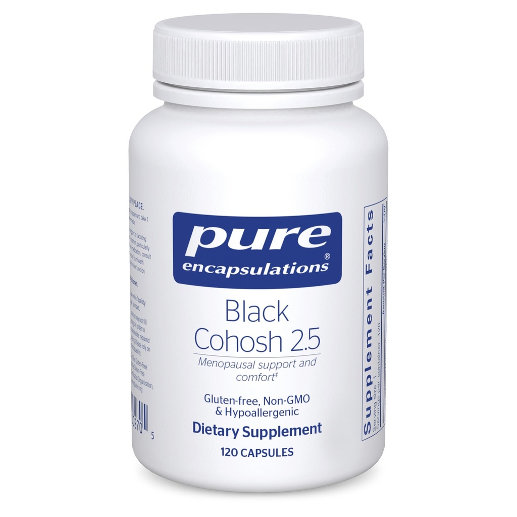 Encapsulamentos puros Preto Cohosh 2.5 □ Suplemento hipoalergénico para oferecer suporte durante a menopausa* □ 120 Cápsulas