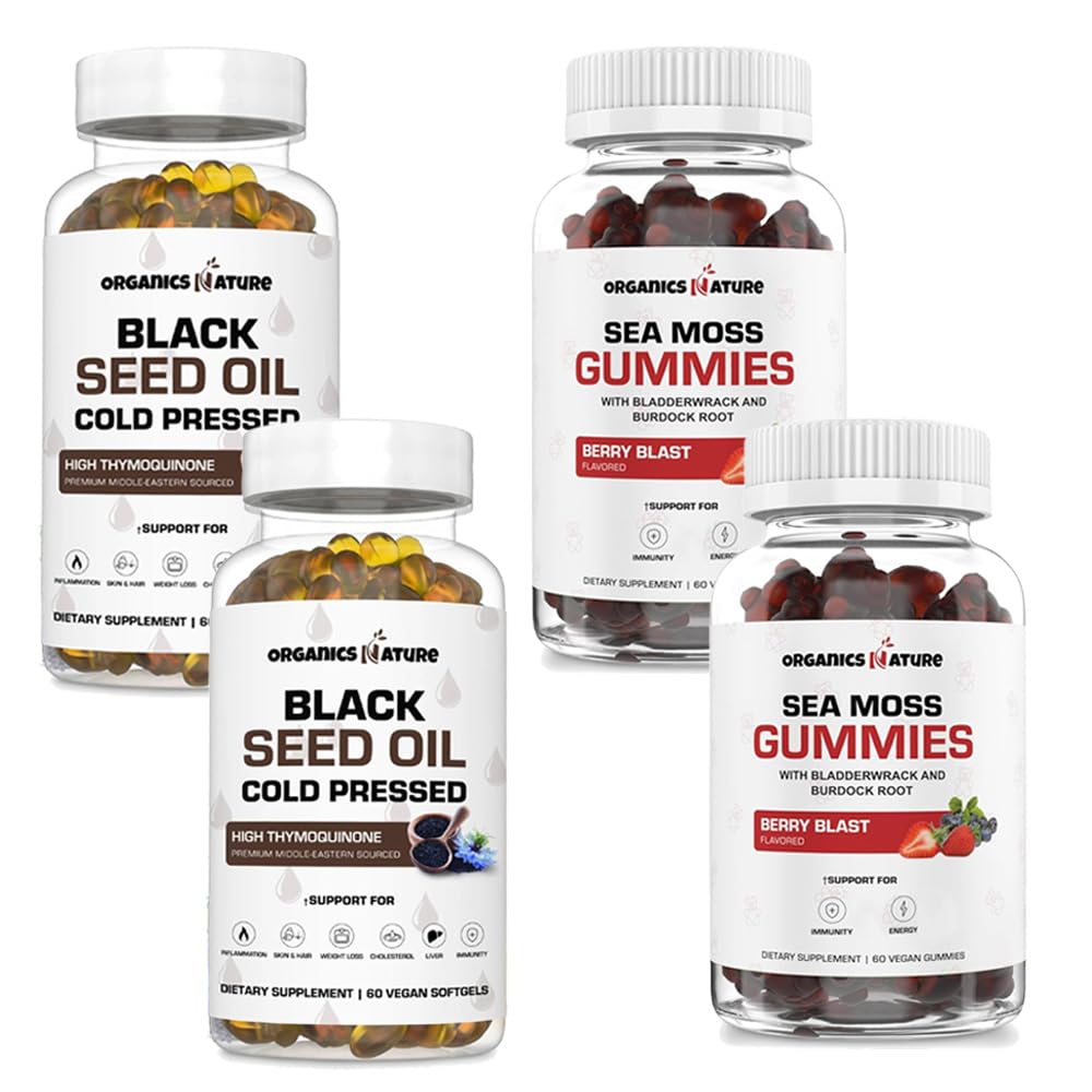 ÓRGÂNICAS NATUREZA Black Seed Oil Cápsulas (2 garrafas) & Sea Moss Gummies (2 garrafas) □ Vegan Softgels, para o cabelo, pele, coração, apoio conjunto, Detox pulmonar, energia, muco claro, tireóide, Digestion Omega 3s