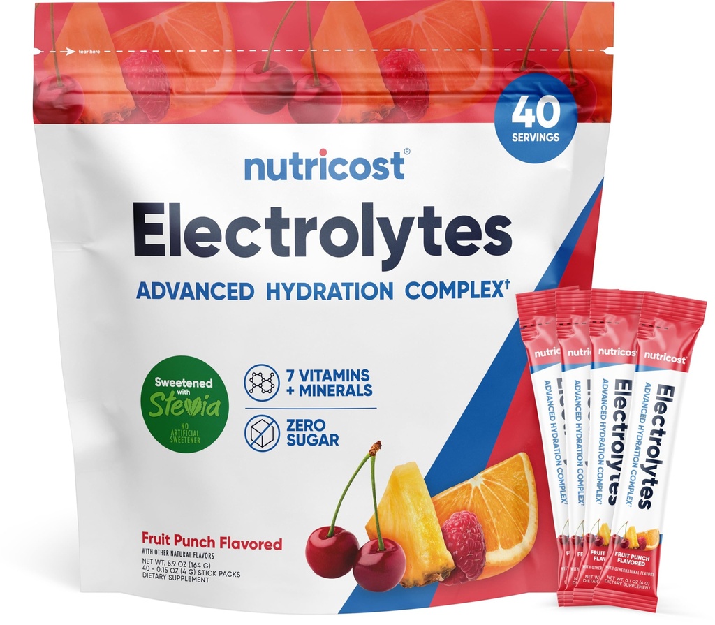 Complexo de Eletrólitos Nutricost, Fruit Punch Flavored, 40 Stickpacks - Complexo de hidratação avançada