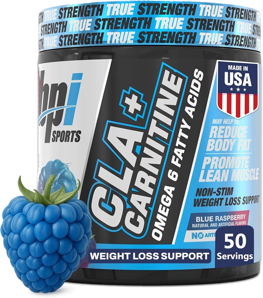 BPI Sports CLA+Carnitina – CLA L Carnitina e Ácido Linoleico – L Suplemento Carnitina para perda de peso, metabolismo e músculo magro – Cafeína Grátis – Framboesa Azul – 50 Servings – 12.34 oz