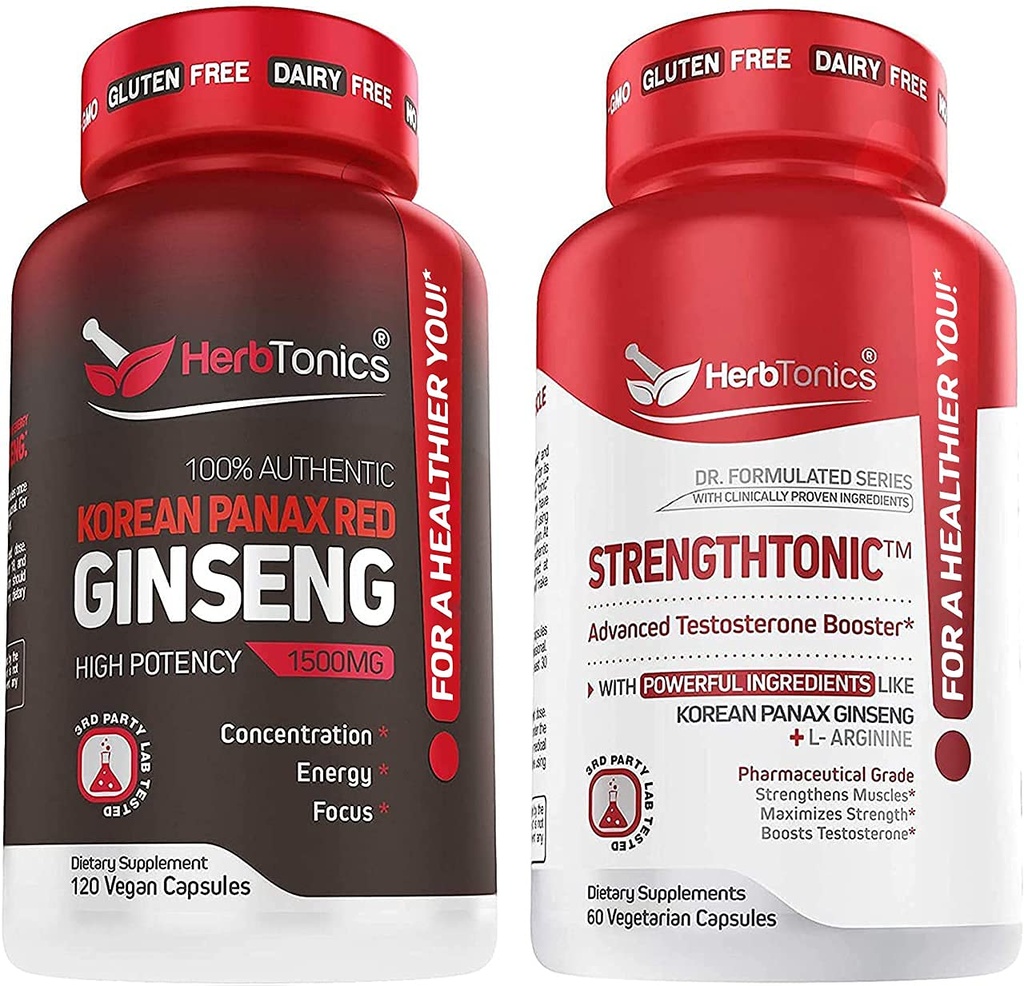 Herbtonics Korean Panax Red Ginseng e Strengthetonic Testosterone Booster para Homens Bundle