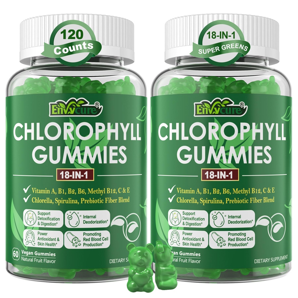 Pastilhas de clorofila, super verde 18-IN-1 com espirulina de chlorela orgânica, grama de trigo, magnésio, fibra prebiótica para desodorante interno *, Digestão de conforto, metabolismo, imune, fresco corpo Odor, 2Packs