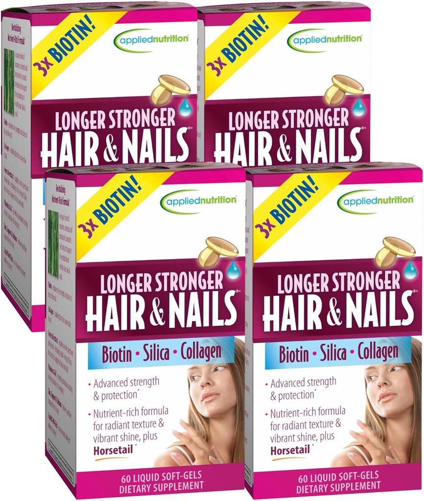 Nutrição Aplicada Cabelo e unhas mais fortes - 60 Gêlas Macio Líquidas, Pacote de 4 - Biotina, Sílica e Colágeno - 120 Servings