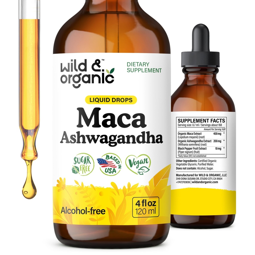 Maca selvagem & orgânica raiz Ashwagandha gotas para homens e mulheres - líquido Maca Ashwagandha Suplemento para o apoio geral - Peru Extrato Tintura - Vegan, Açúcar & Álcool - 4 fl oz
