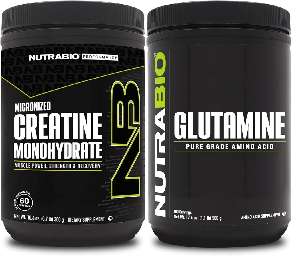 NutraBio Creatina Mono-hidrato Suplemento, Sem sabor, (300g) e L-Glutamina em pó, (500g) – Treino Suplemento Pacotes Suplementares Suporta energia muscular, recuperação e força