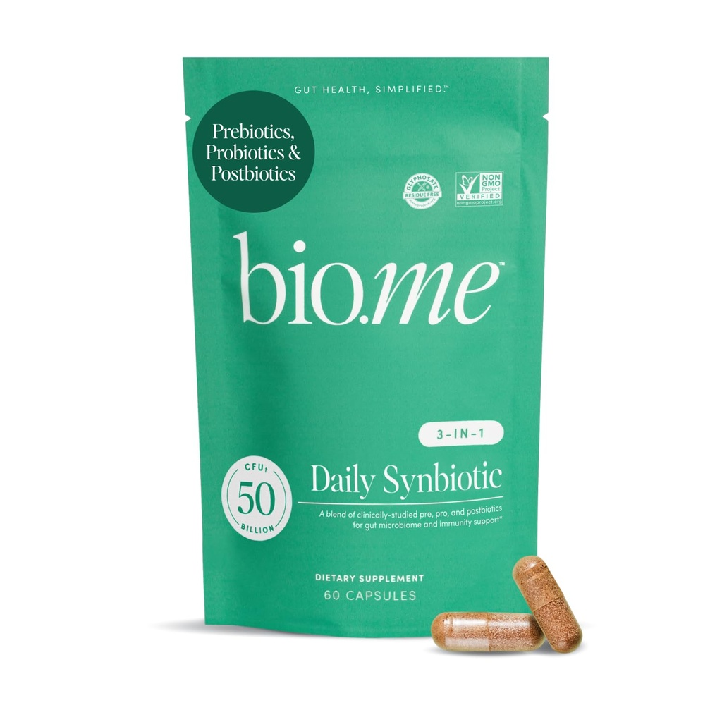 Synbiotic 3-in-1 Prebióticos, Probióticos & Postbióticos para a saúde digestiva, Gut Health, Imune Support & Bloating Alief para homens e mulheres - 50 bilhões CFU por serviço - Vegan, 60 cápsulas (30 Servings)