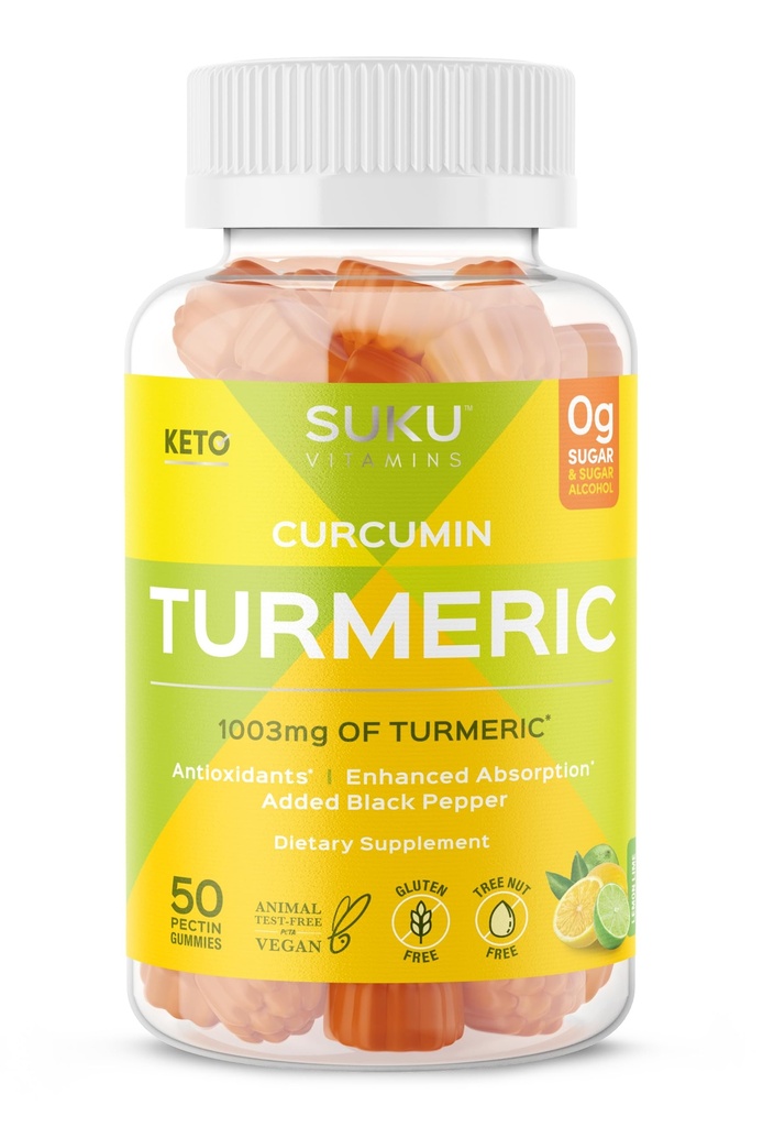 SuKU Curcumin Sugar Free Gummies com 1003mg de Açafrão - Pepper Preto protege o fígado, melhora a digestão, resposta à inflamação e saúde conjunta – limão sabor limão (50 Gummies)