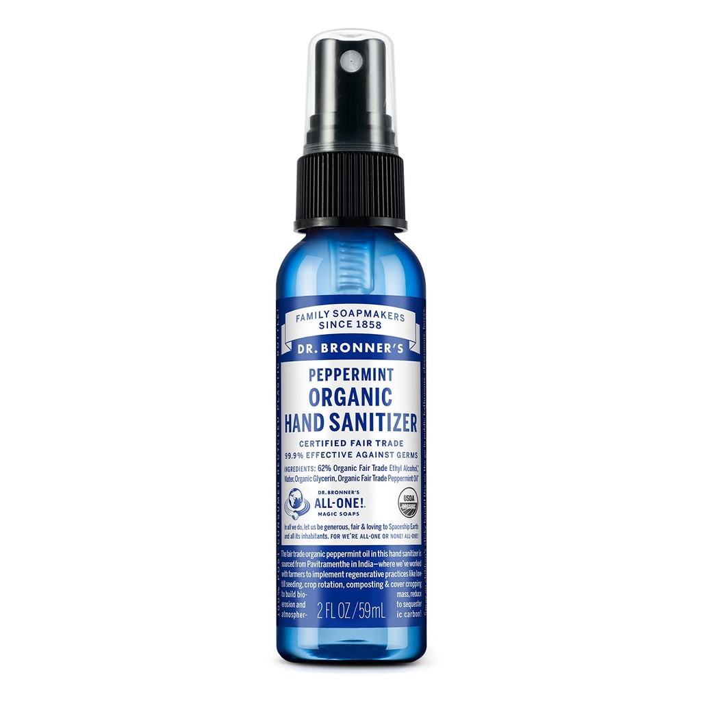 Dr. Bronner's - Spray de higienizador de mão orgânica (peppermint, 2 onça) - Fórmula simples e eficaz, limpezas e higienização, sem Harsh Chemicals, hidrata e limpa mãos