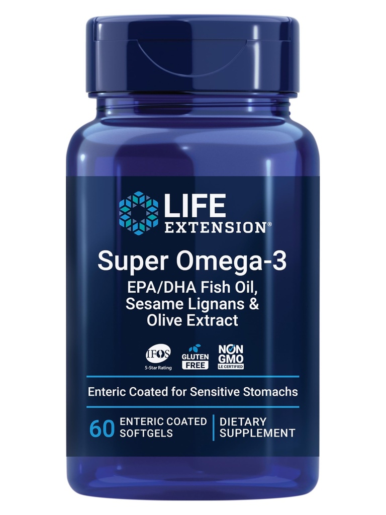 Extensão de vida Super Omega-3 EPA / DHA Óleo de peixe, Lignans Sésamo e Extrato de Oliva – Saúde do Coração, Saúde do Cérebro, Apoio à Saúde Inflamação, Sem Glúten, Entérico, Não-GMO, 60 Softgels