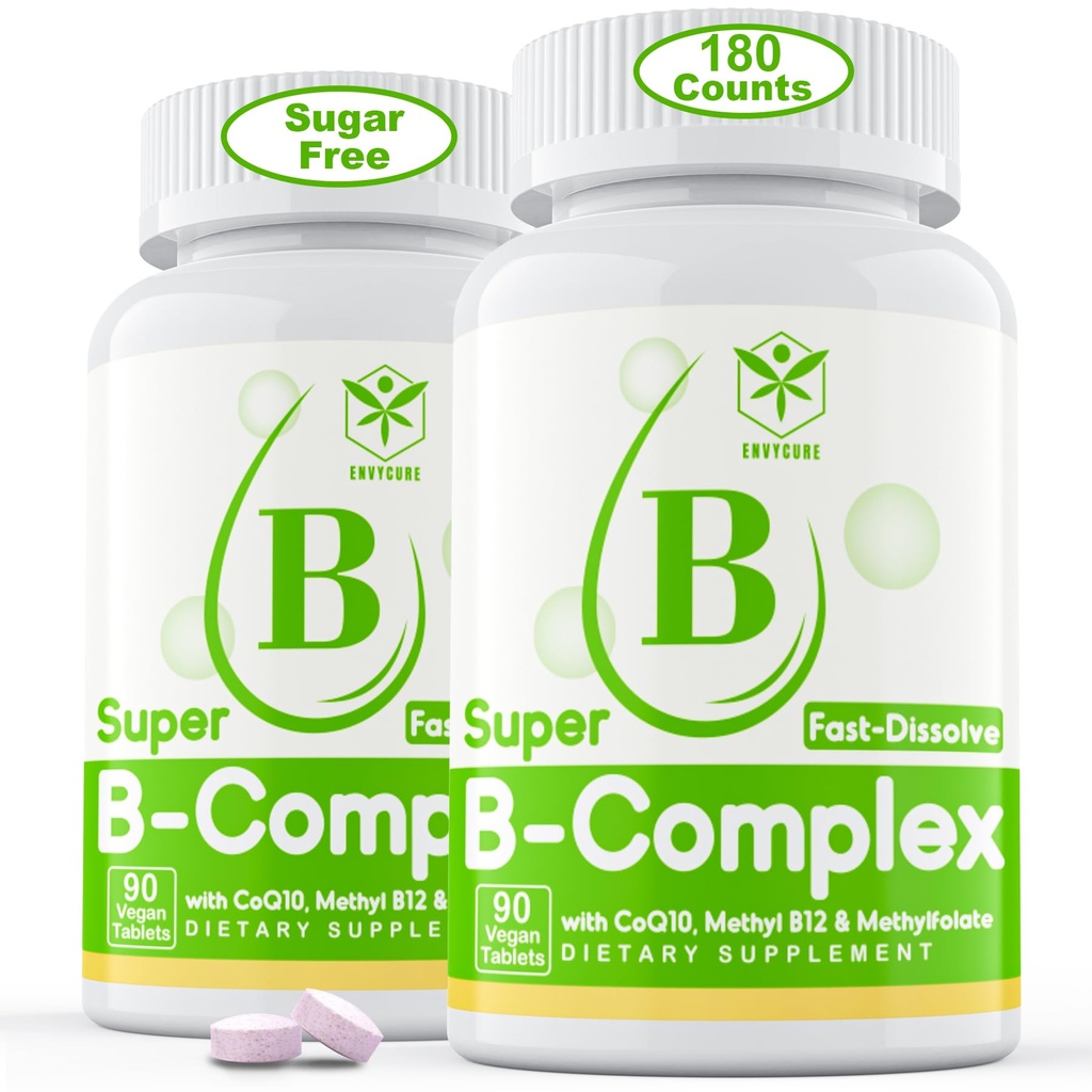 Sugar Free Vitamina B Complex com metil B12, metilfolato, B6, B1, B2, B3, rápida dissolução alta biodisponível suplemento complexo B metilado para níveis de energia, sistema neural, Vegan, 180 comprimidos