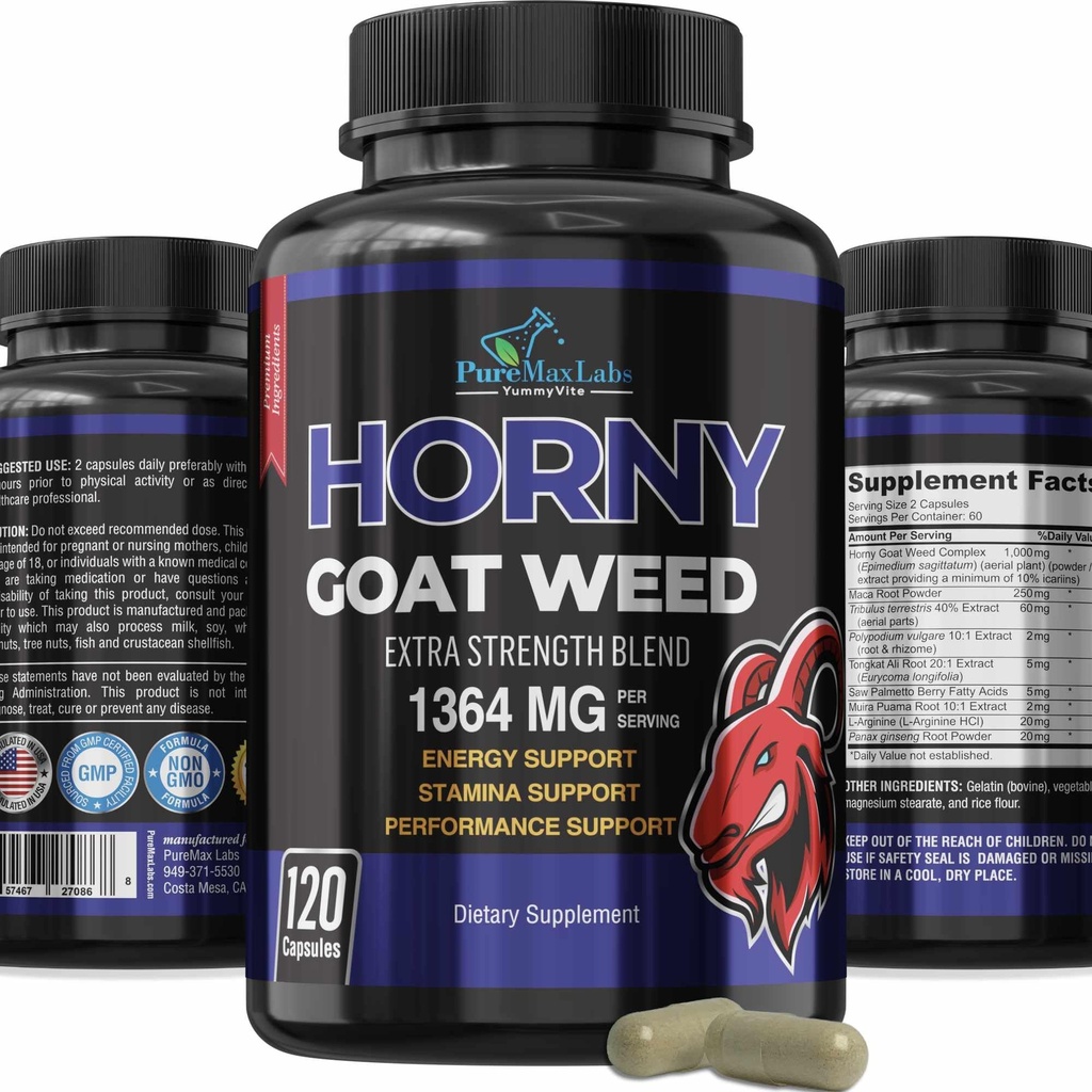 Horny Goat Weed Força extra -120 Cápsulas w. Maca, L-Arginina, Ginseng - Boost Desire, Desempenho, Stamina, Energia, Fórmula não-GMO, 120 Cápsulas