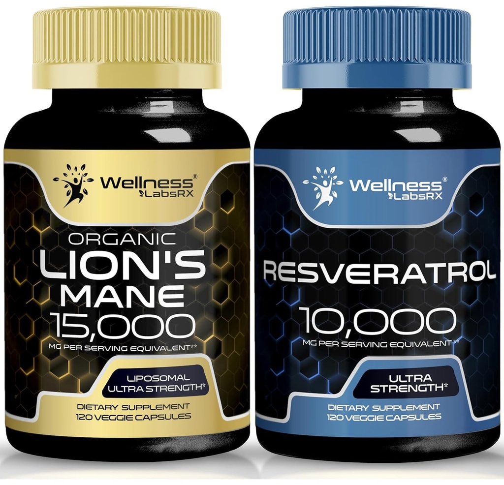 WELLNESS LABSRX Resveratrol Cápsulas 10000 - Lions Mane Suplemento Cápsulas