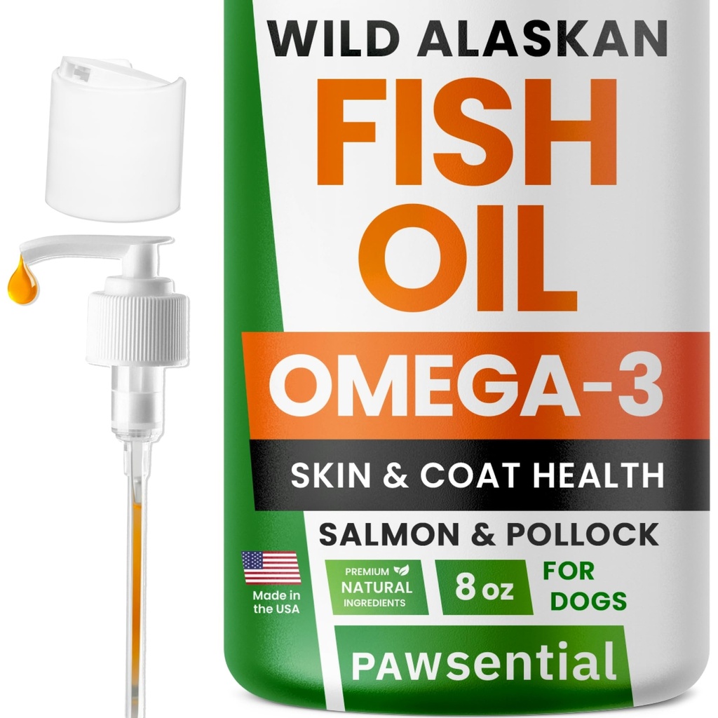 Ómega 3 Óleo de peixe para cães e gatos - Feito com óleo de salmão selvagem do Alasca; Suplemento de óleo de peixe líquido para animais de estimação com ácidos gordos Omega 3 EPA+DHA; Ingredientes reais, sabor real — confiável por Vets!