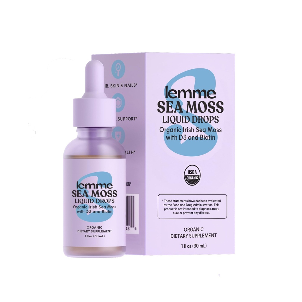 Lemme Irish Sea Moss Organic Liquid Drops with Vitamina D3 and Biotin for Trace Mineral Support, Immunity, Hair, Skin & Nails, Brain Health - Gluten & Sugar Free, Non GMO, 1 oz, 30 Servings