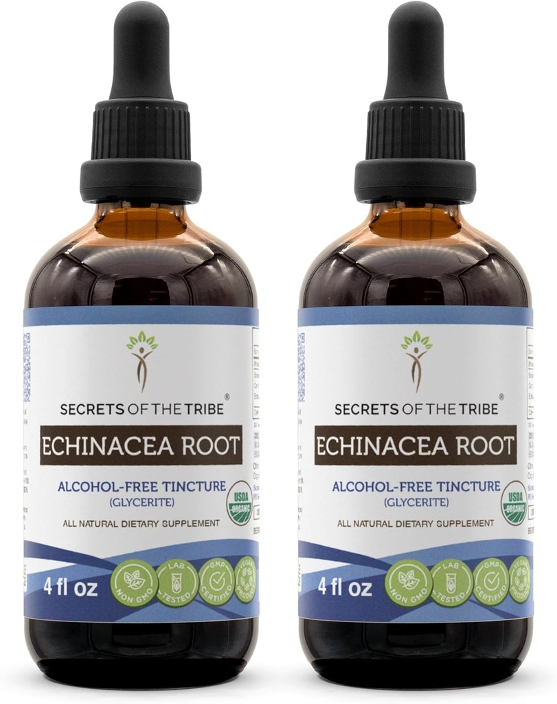 Echinacea Raiz USDA Tintura Orgânica Extrato Livre de Álcool, Drops de Ervas de Alta Potência, Saúde do Sistema Imune Feito a partir de 100% certificado Echinacea Echinacea Raiz (Echinacea Purpurea) 2x4 oz